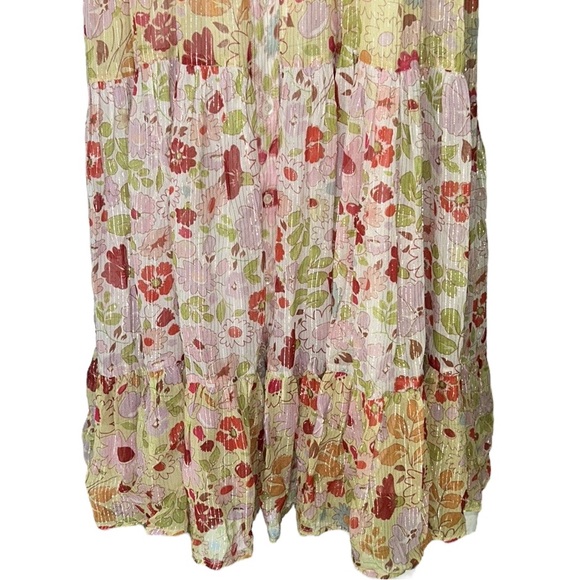 Manoush Floral Yellow Metallic Silver Pastel Ruffle Chiffon Midi Dress - 10 - Picture 8 of 16